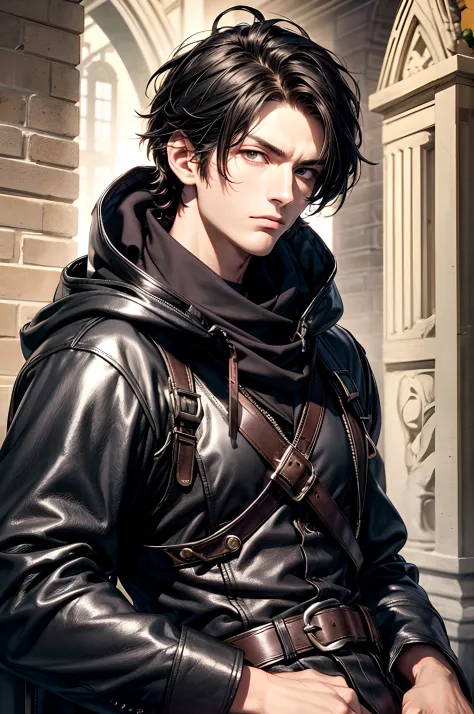 (absurderes, hight resolution, ultra-detailliert), 1 male, Adult, Handsome, High muscular face, broad shoulders, finely detailed eyes, Short black hair, Brown eyes, Black cloak, Wearing a hood, Leather Vest, Leather bag at waist...............................