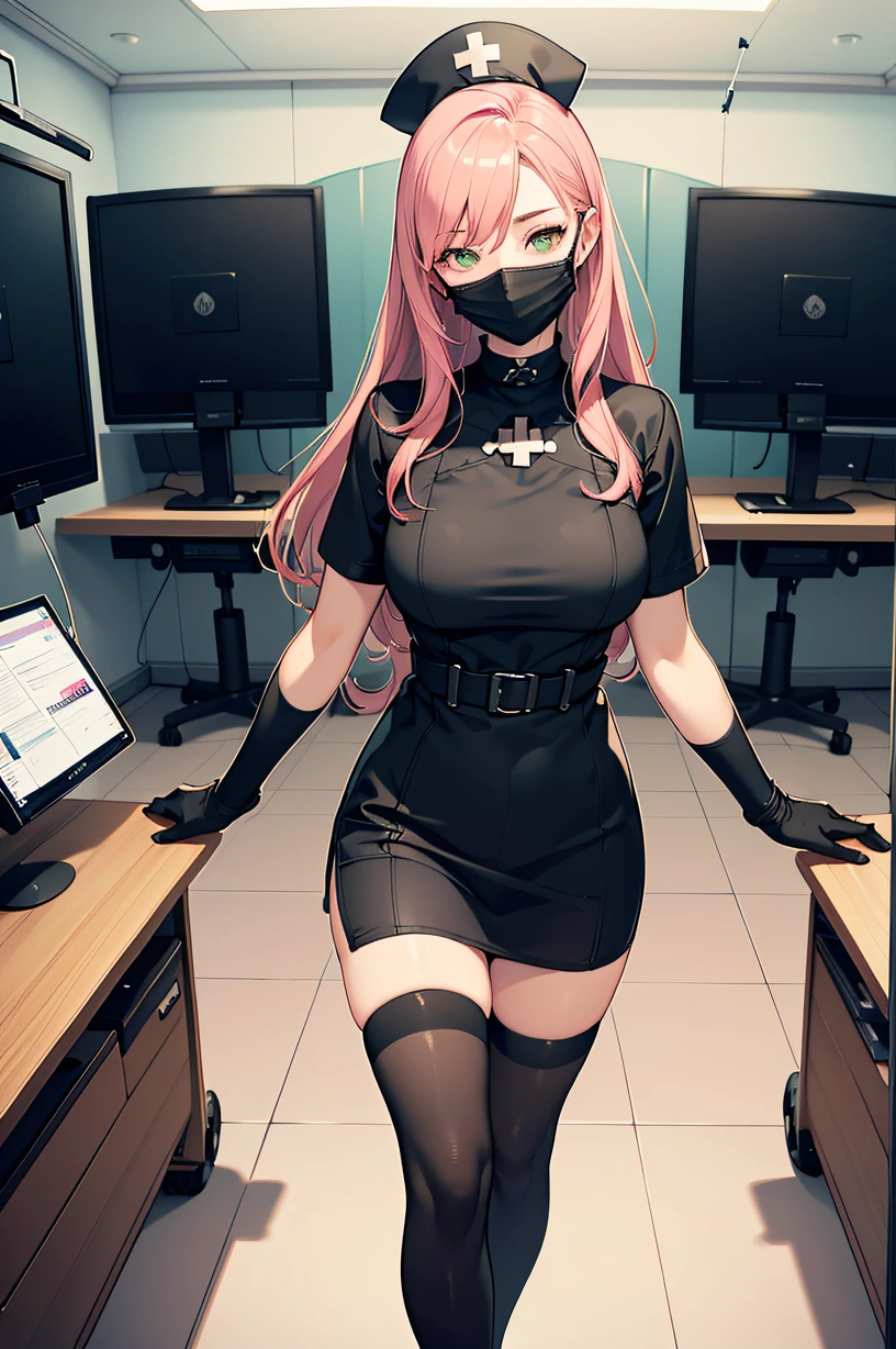 black nurse, 1woman, solo, black nurse cap, black wear, ((black legwear, zettai ryouiki)), black elbow gloves, pink hair, green eyes, drooping eyes, ((black surgical mask, covered nose)), standing, ((surgery room)), sharp outline, short sleeves, mature female, 32 years old, best quality, masterpiece