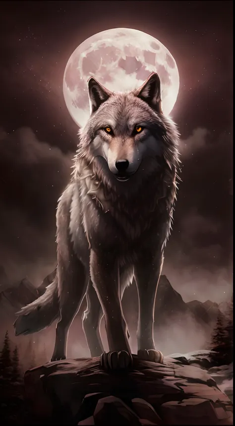 Arafed wolf standing on a rock with a full moon in the background, grande lobo, lobo, dire wolf, Lobo no inferno, lobo branco, Grim - Lobo, um lobo minotauro, foto de lobo, retrato do lobo da fantasia, lobo peludo, um lobo branco, lone wolf, an anthropomor...