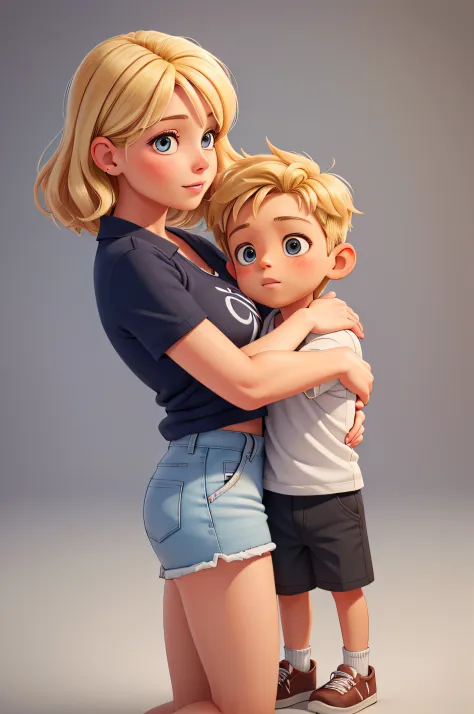 "mom kissing her little young boy on the lips", blonde hair, mom is seen wearing a skirt, little boy is seen wearing shorts, mas...