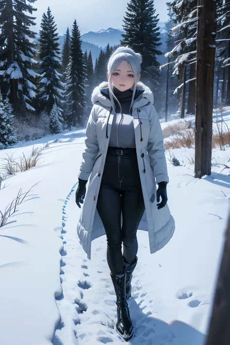 A beautiful young woman walking through the snow-covered countryside, wearing a long winter coat, winter boots, and gloves, no s...