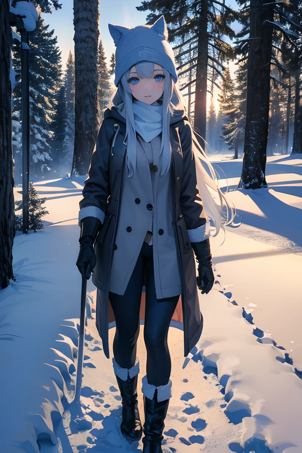 A beautiful young woman walking through the snow-covered countryside, wearing a long winter coat, winter boots, and gloves, no shirt, bra, pants, and panties, (nudist), in a high-definition, 4k masterpiece. 

She has captivating blue eyes, rosy cheeks, and defined lips. Her long eyelashes flutter against her flushed face. 

The winter coat is made of a luxurious wool material, with intricate stitching and a fur-trimmed hood. The snowflakes fall delicately on her coat, creating a picturesque scene. 

As she walks, her footsteps leave imprints in the powdery snow, adding to the realism of the image. 

The snow-covered countryside stretches into the distance, with rolling hills and tall evergreen trees. The landscape is tranquil and untouched, enhancing the serenity of the scene. 

The color palette is dominated by cool tones, with shades of blue and white conveying the icy atmosphere. The sunlight peeks through the clouds, casting a soft glow on the scenery. 

The lighting is natural and diffused, creating a gentle ambiance. 

Overall, the image is a winter wonderland captured in vivid detail. The combination of the young woman's presence, the snowy landscape, and the high image quality makes this artwork a captivating masterpiece.