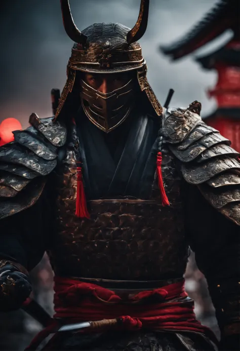 Samurai from feudal Japan were blindfolded，Holding a katana in front of the red moon, Urban Samurai, anthem game inspiration, epic image, Era,Frontal photo，Extremely meticulous，full armour，preparing to fight，Regular photo，Relaxing
