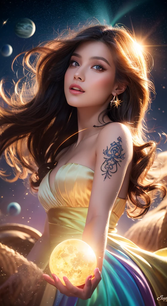 (Realista) A sorceress in a cloud universe con shining stars and galaxy, Símbolos de tatuajes que rodean sus brazos, brillantes, con un elegante vestido fluido., rodeado de partículas de luz vibrantes y coloridas que rodean, El cielo se abre a los remolinos de la galaxia.. Escena de retrato. Su (Hermoso detallado) ojos y (Hermoso detallado) Labios. El vestido está hecho de un material ligero.. El cabello de la niña fluye hacia abajo. (suelto y natural) chinos, añadiendo a ella (gentil y despreocupado) apariencia. She is holding a glowing orb that has swirls of colores. La imagen general es de (mejor calidad, alta resolución) con (ultra detallado) texturas y (Realista) colores. La paleta de colores, una atmósfera de ensueño y etérea.. La iluminación es suave., proyectando sombras sutiles. cinemática 8k, iluminación volumétrica, proporción áurea