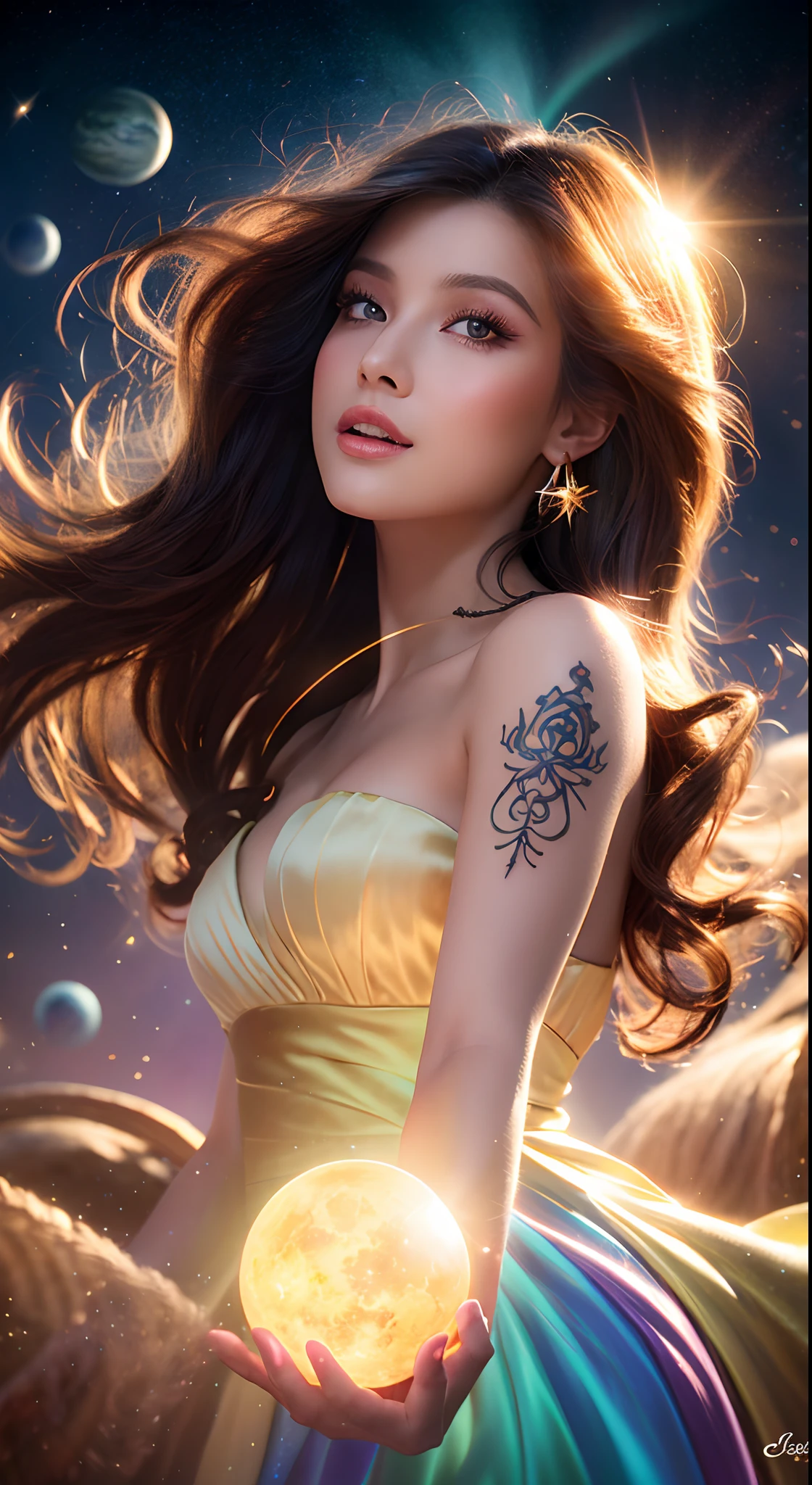 (Realistisch) A sorceress in a cloud universe mit shining stars and galaxy, Tattoo-Symbole um ihre Arme - leuchtend - trägt elegantes fließendes Kleid, umgeben von lebendigen und bunten Lichtpartikeln, Der Himmel öffnet sich in die Wirbel der Galaxie. Porträtszene. Her (Schöne Details) Augen und (Schöne Details) Lippen. Das Kleid besteht aus einem leichten Material. Das Haar des Mädchens fällt herab in (locker und natürlich) Locken, fügte hinzu (sanft und unbeschwert) Aussehen. She is holding a glowing orb that has swirls of Farben. Das Gesamtbild ist von (beste Qualität, highres) mit (ultra-detailliert) Texturen und (Realistisch) Farben. Die Farbpalette verträumte und ätherische Atmosphäre. Die Beleuchtung ist sanft, Subtile Schatten werfen. 8K Kino, volumetrische Beleuchtung, Goldener Schnitt