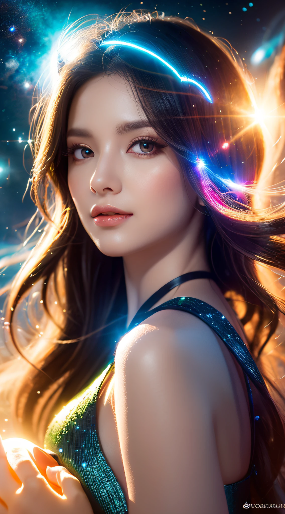 (realistic) An angel in middle of cloud universe with shining stars and galaxy, wearing a (clean and elegant) flowing dress, surrounded by (vibrant and colorful), light particles surround, heaven opens into the swirls of galaxy. Full body, Her (beautiful detailed) eyes and (beautiful detailed) lips. The dress is made of a light material. The girl's hair flows down in (loose and natural) curls, adding to her (gentle and carefree) appearance. She is holding a glowing orb that has swirls of colors. The overall image is of (best quality, highres) with (ultra-detailed) textures and (realistic) colors. The color palette dreamy and ethereal atmosphere. The lighting is soft, casting subtle shadows. 8k cinematic, volumetric lighting, golden ratio