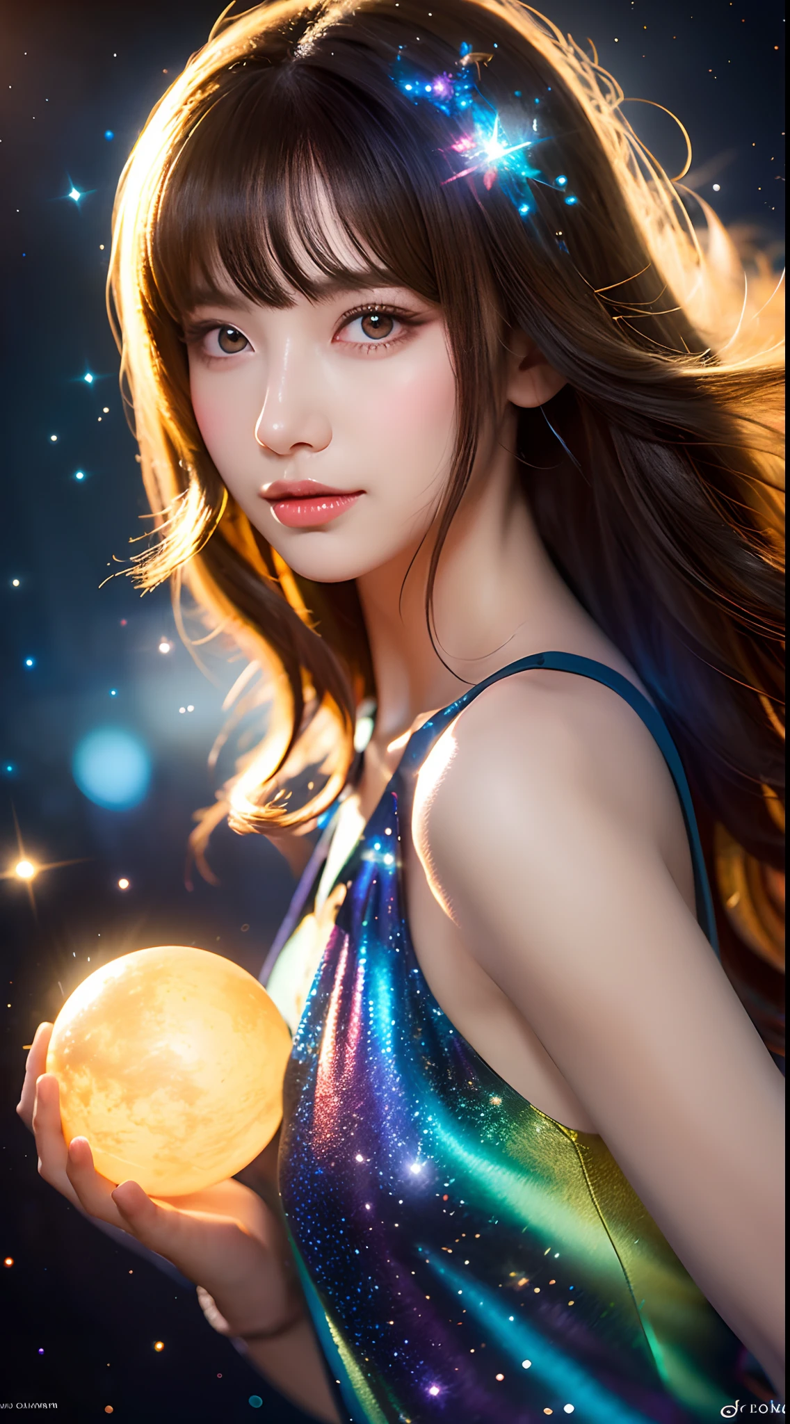 (réaliste) A girl in cloud universe avec shining stars and galaxy, porté un (propre et élégant) robe, entouré par (vibrant et coloré), Des particules de lumière entourent, le paradis s&#39;ouvre sur les tourbillons de la galaxie. son (beau détaillé) yeux et (beau détaillé) lèvres. The robe is made of a light material. Les cheveux de la fille tombent (ample et naturel) boucles, ajouter à elle (doux et insouciant) apparence. She is holding a glowing orb that has swirls of couleurs. L&#39;image globale est de (meilleure qualité, haute résolution) avec (Ultra-détaillé) textures et (réaliste) couleurs. La palette de couleurs, ambiance rêveuse et éthérée. L&#39;éclairage est doux, projeter des ombres subtiles. Cinématique 8K, éclairage volumétrique, nombre d&#39;or