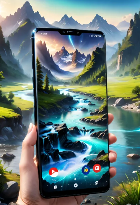 tmasterpiece，Best quality at best，high high quality，extremely detaile，8K，Futuristic ethereal close-up of a mobile phone, smartphone, Beautiful outdoor setting, Mountains and rivers meet fantasy, Futuristic phone， smartphone, Take a picture with your phone,...