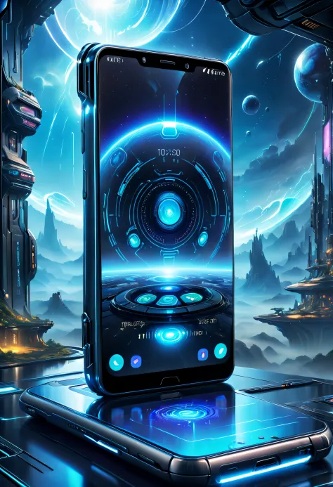 tmasterpiece，Best quality at best，high high quality，extremely detaile，8K，Futuristic ethereal close-up of a mobile phone, smartphone, A mystical environment, Technology meets fantasy, Futuristic phone，AI peripherals, smartphone, Otherworldly technology, Hig...