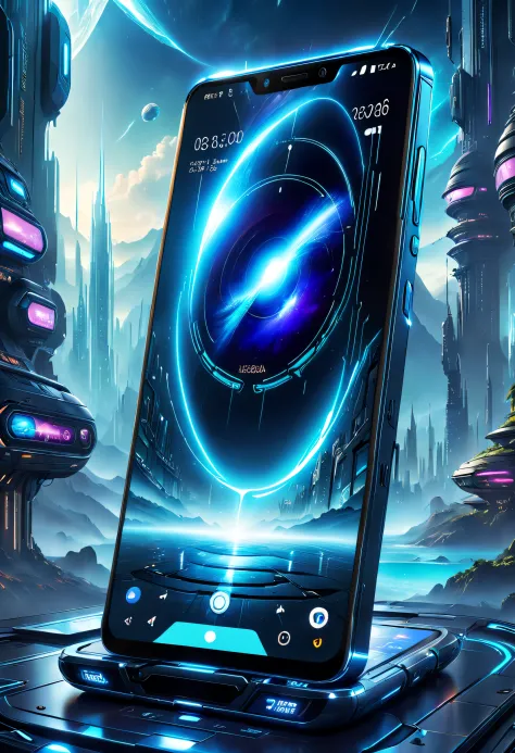 tmasterpiece，Best quality at best，high high quality，extremely detaile，8K，Futuristic ethereal close-up of a mobile phone, smartphone, A mystical environment, Technology meets fantasy, Futuristic phone，AI peripherals, smartphone, Otherworldly technology, Hig...