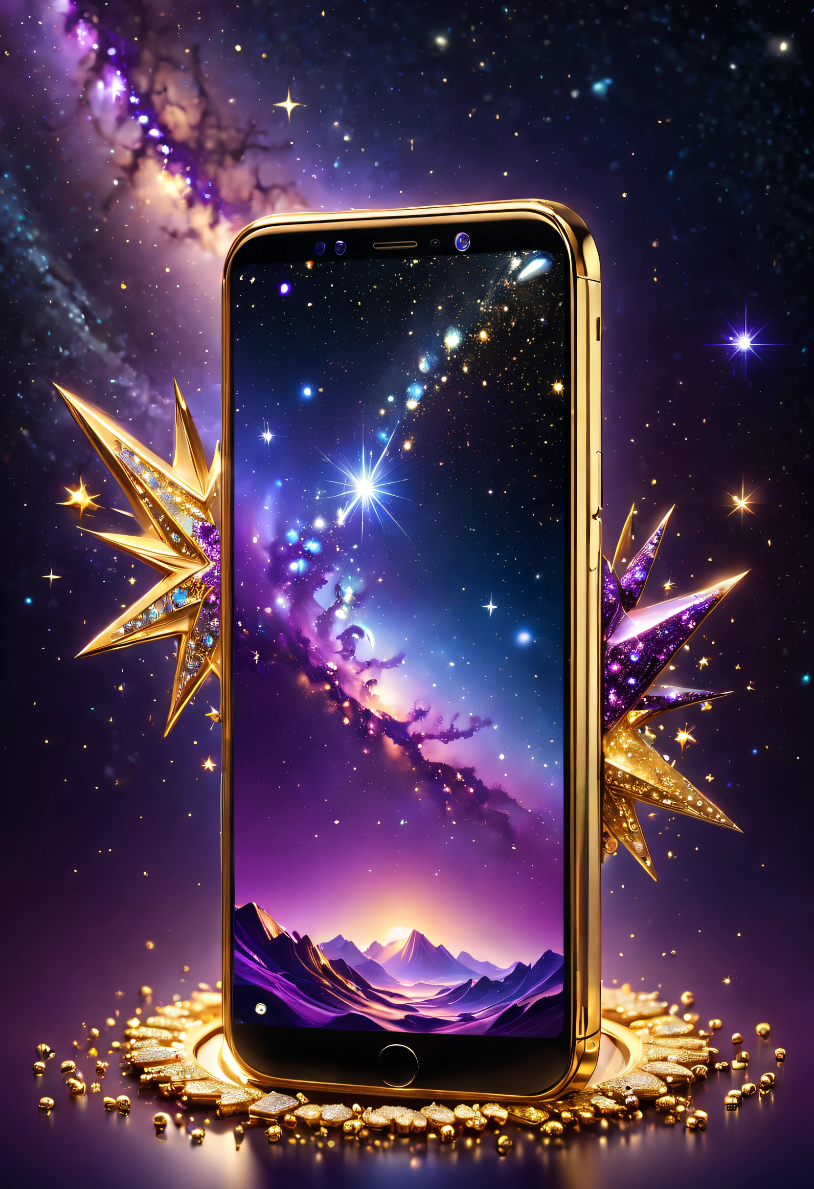 hyper HD, Super detail, Best quality, High details, 1080p, 16k, A high resolution，Phone close-up，A smartphone with a sparkling surface, Amazing smartphones, Magic Crystal smartphone, A smartphone studded with a starry sky, purple sparkles, gold and purple, ring lit,, A gleaming gold smartphone, glowing purple, The background is the mysterious cosmic starry sky,smartphone photography, Jewelry and gold smartphones，(The best illustrations)，(The best shadow)，Isometric 3D.Octane rendering，Hyperrealistic