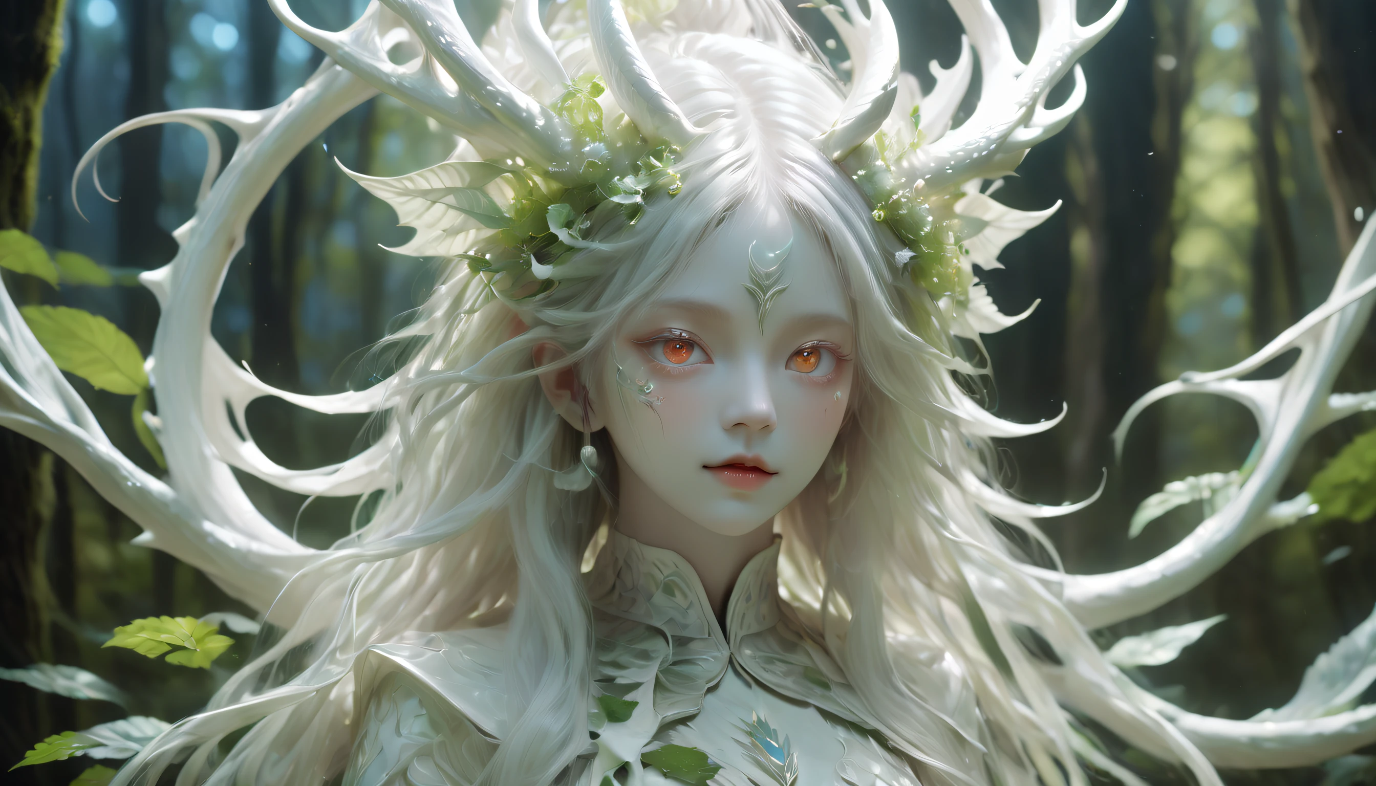 White dragon plant girl,(A girl made from fresh plants),forest,plant,Beautiful psychedelic psychedelic white complex,Cute face,Long hair,8K,Ultra-fine knots,deer antlers,