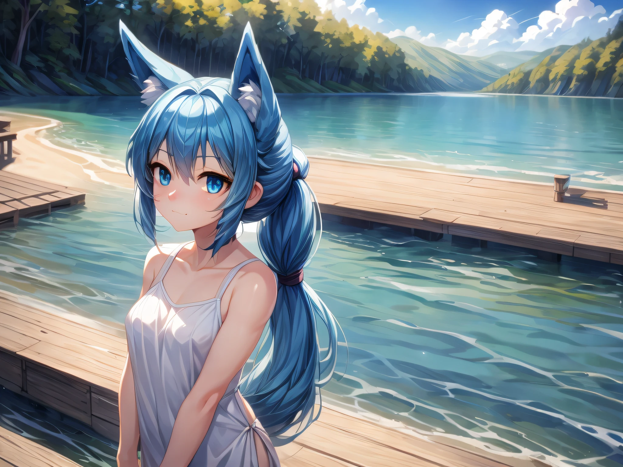 (Masterpiece) (High Detail) (High Res) A short humanoid girl with pale human skin and blue eyes and long blue hair in a ponytail and blue dog ears and a big fluffy dog tail is stood alone on a jetty over a lake, looking out into the water.