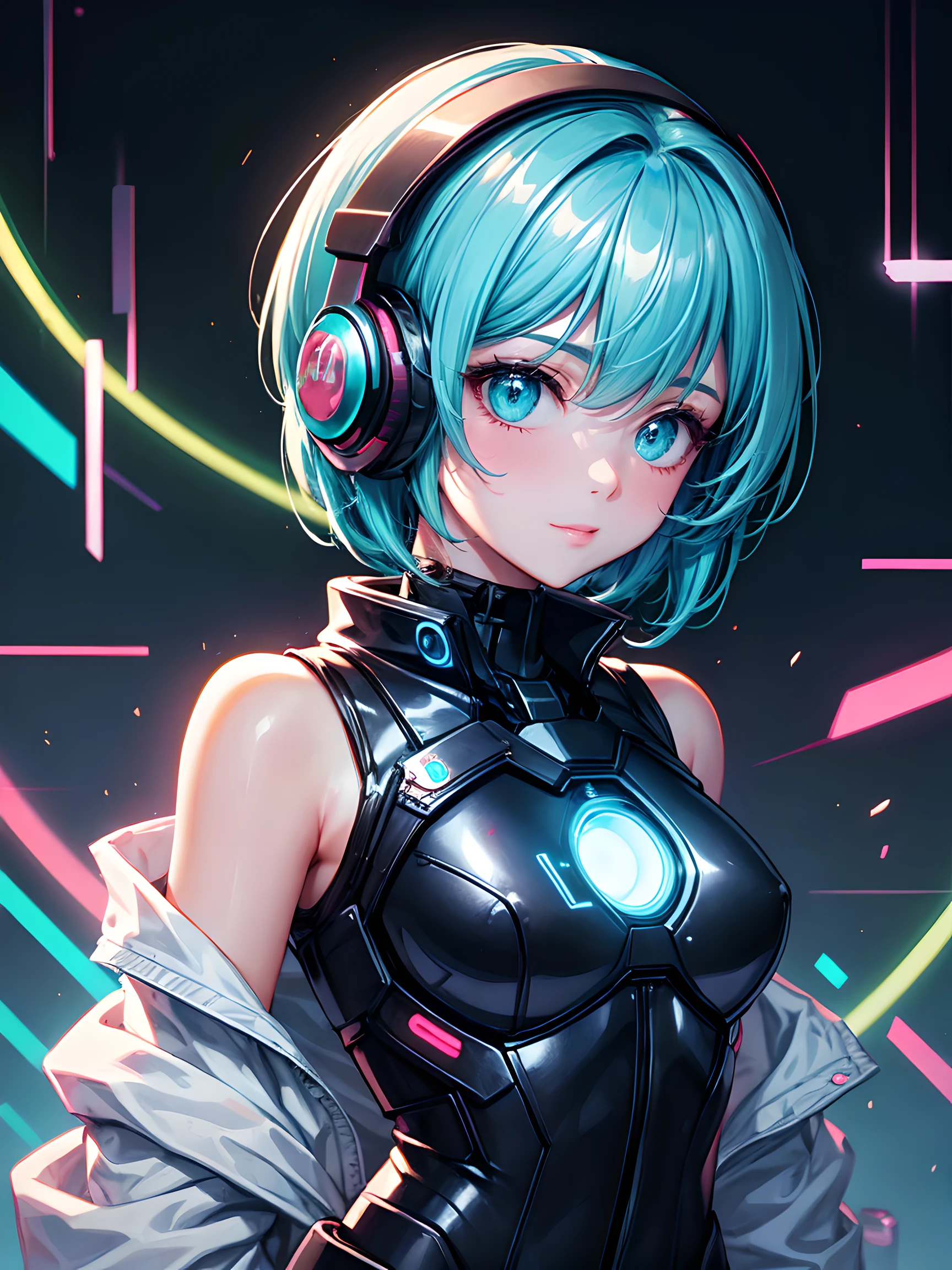 1girl, android, cyberpunk, cyan hair, cyan eyes, short hair, white breastplate, black headphone, mechanical white body suit, bare shoulders, glossy, shiny materials,