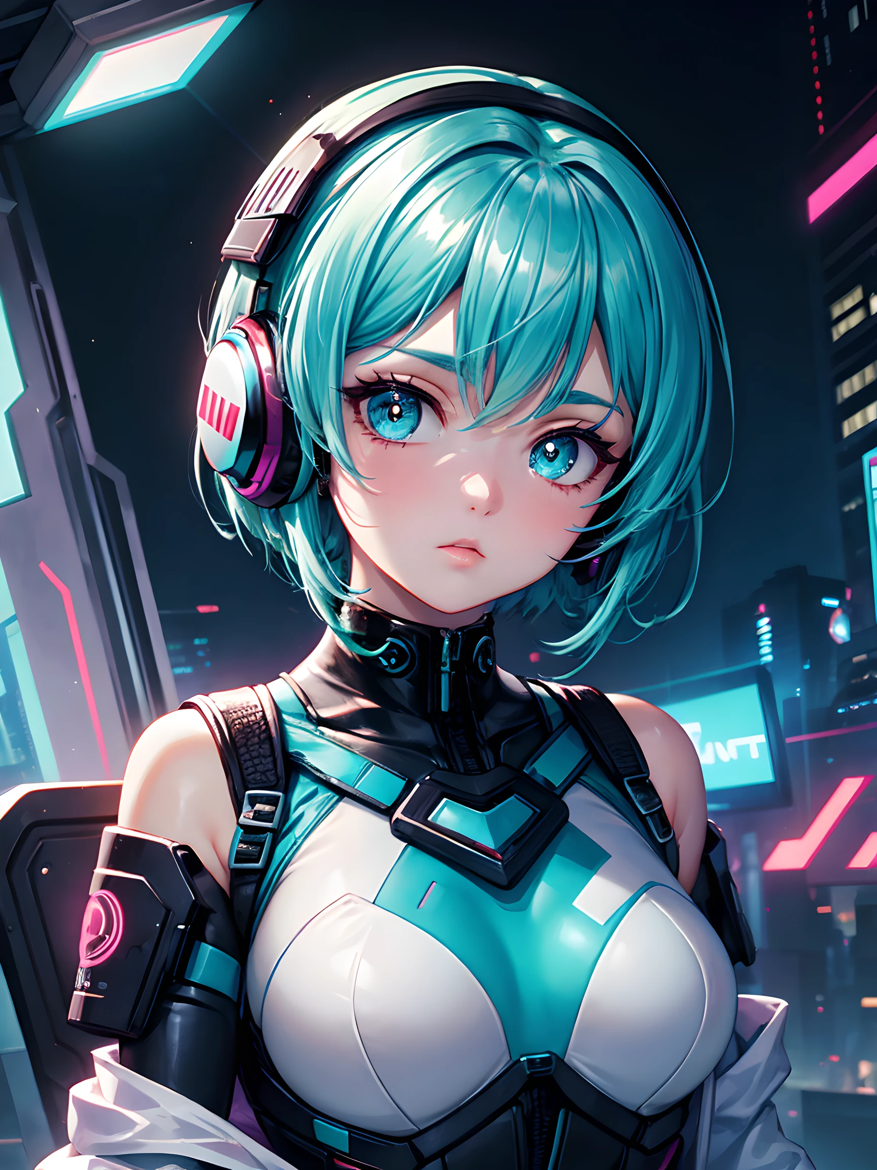 1girl in, android, Cyberpunk, Cyan hair, cyan eyes, Short hair, White breastplate, Black headphones, Mechanical White Bodysuit, Bare shoulders, Glossy, shiny material,