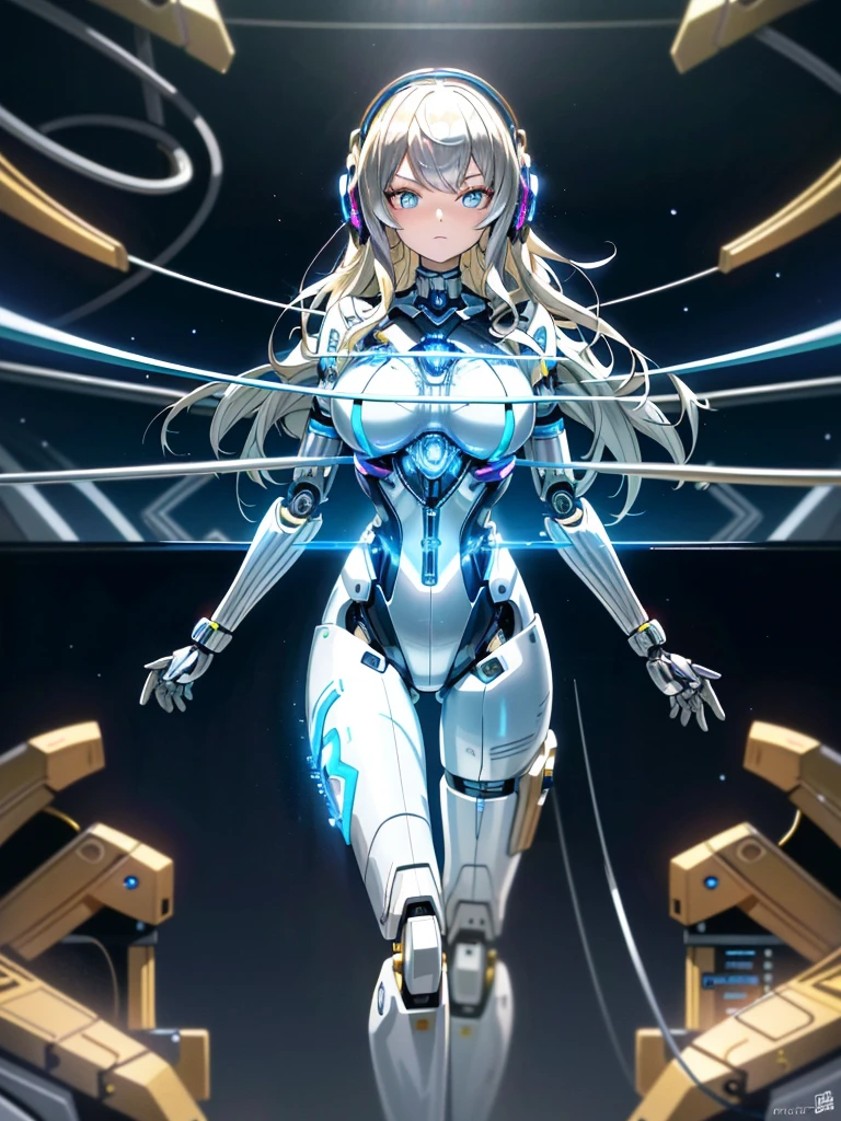 ((masutepiece)),(Best Quality),(Detailed),(1girl in),Shiny blonde false hair, Eyes glow blue, Wavy Hair, Silver Latex Bodysuit, android, Data Stream, cables, wires, Charging, Digital Chain, Large breasts, gazing at viewer , breast closeup,mecha musume,Mechanical parts
,Robot joints,Headgear