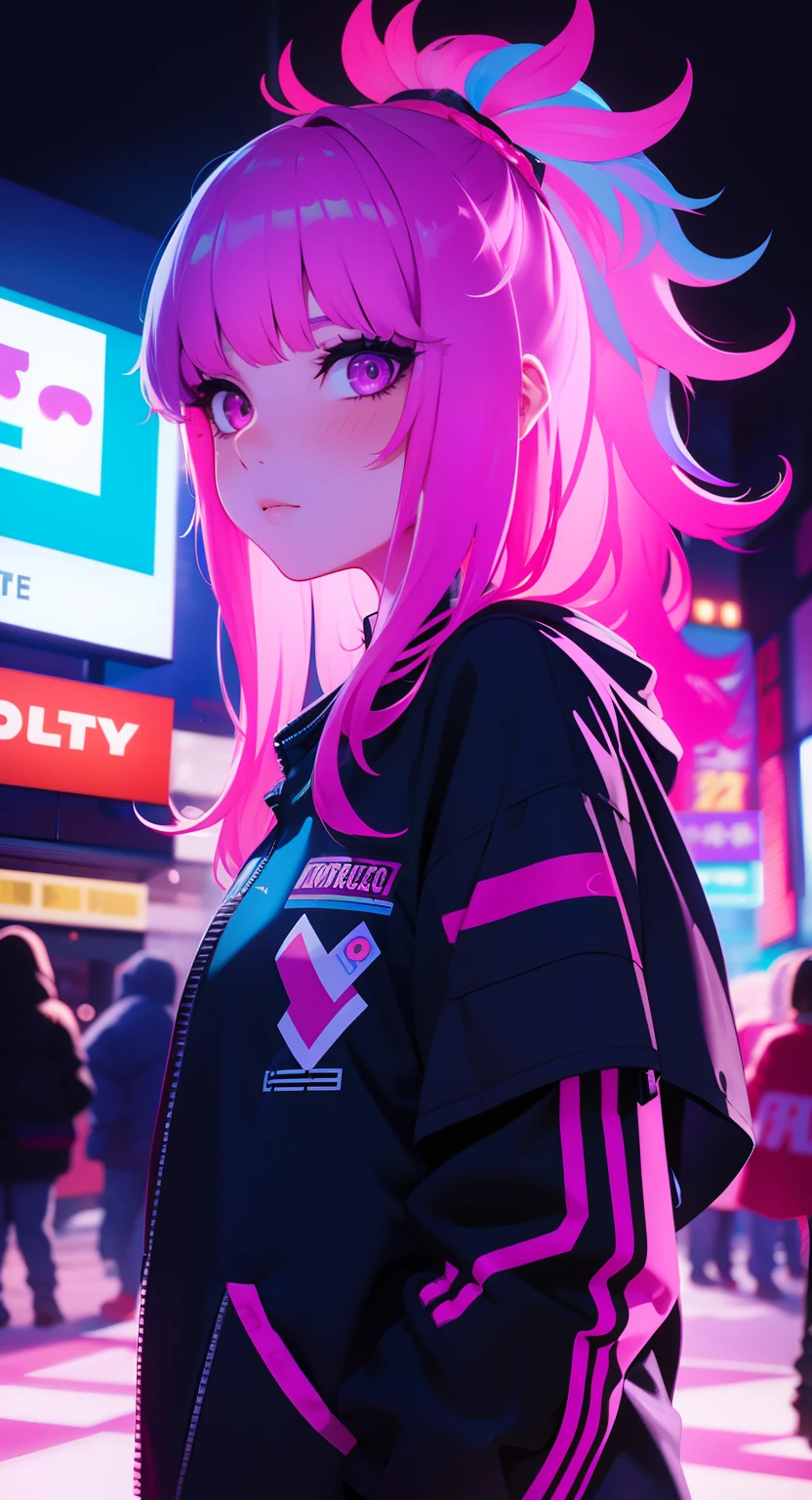 1girl,Creative hair,Rainbow Hair,City streets,fisheye,neon cold lighting, cyberpunk, blush, Waist Shot,Detailed face details,dynamic pose, rim lights,