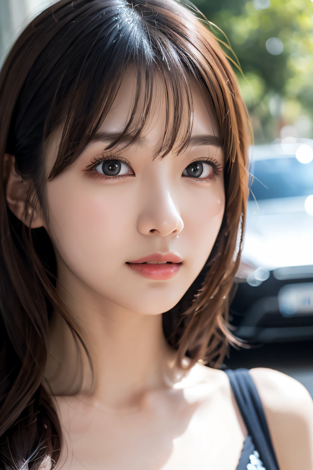 ​masterpiece、1 beautiful girl、A detailed eye、Puffy eyes、top-quality, 超A high resolution, (Realisticity: 1.4), cinematlic lighting、japanes、Asian Beauty、Korea person、Super beauty、Beautiful skin、The body is facing forward、up of face、(A hyper-realistic)、(hight resolution)、(8K)、(ighly detailed)、(beautifully detailed eyes)、(Ultra-detail)、 (wall-paper)、A detailed face、Bright lighting、profetional lighting、looking at viewert、Facing straight ahead、oblique bangs、head with brown hair、Nogizaka Idol、Korean Idol、hposing Gravure Idol、、age19、
