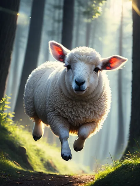 close-up photo of a cute little sheep jumping in the forest, soft volumetric lights (backlight: 1.3), (cinematic: 1.2), intricat...