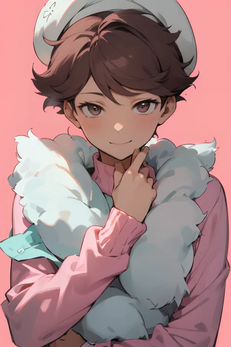 1 man, oikawa tooru, fluffy pink sweater, illustration, simple background, white beret, smiling, seductive