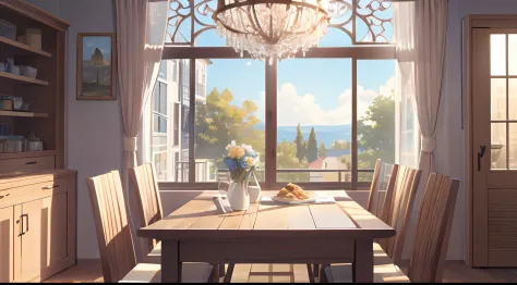 sunny dining table in the morning, landscape lined with indoor breakfast, graphic masterpiece of the highest quality