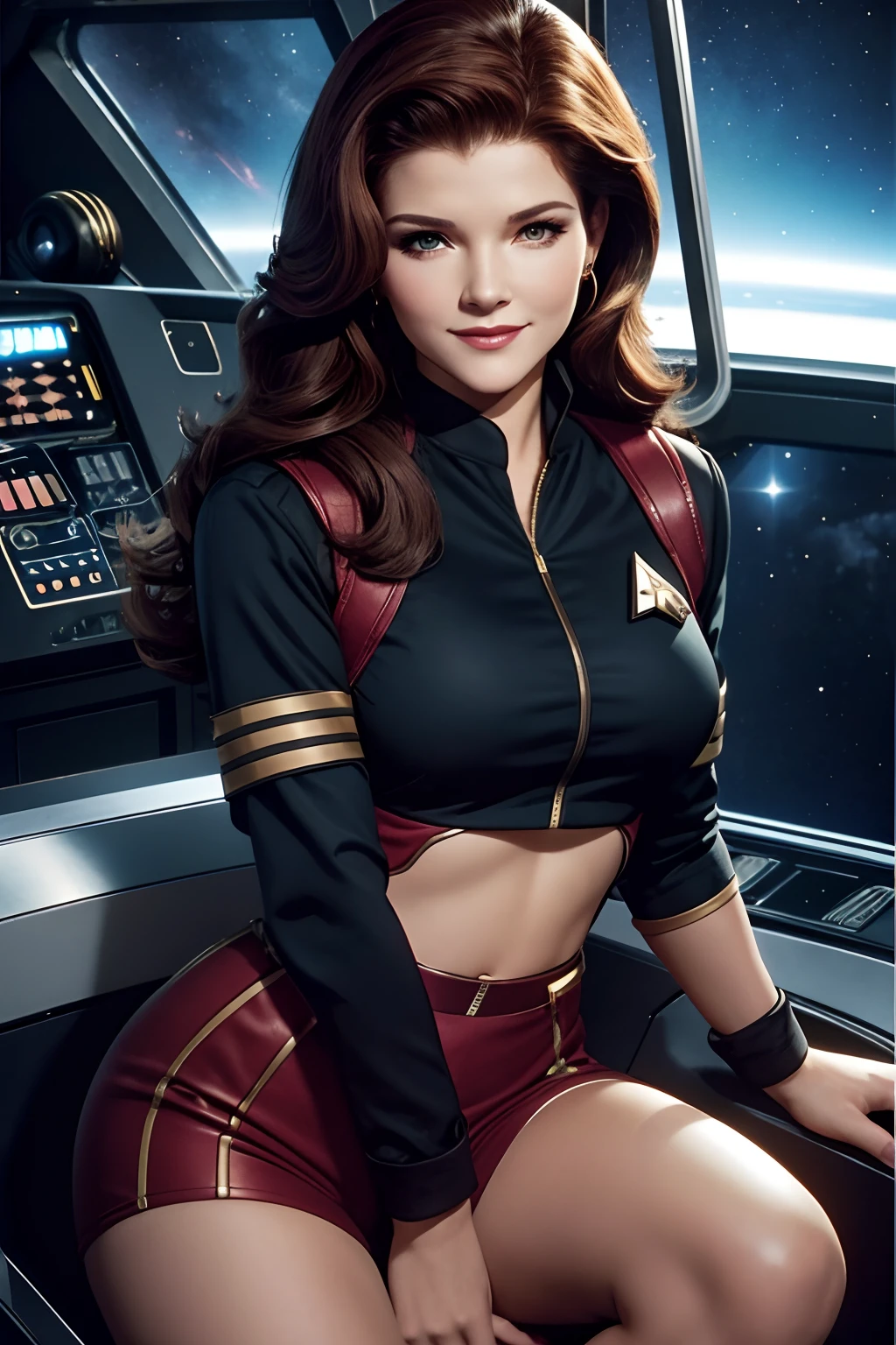 A woman in a star trek outfit sitting on a spaceship - SeaArt AI