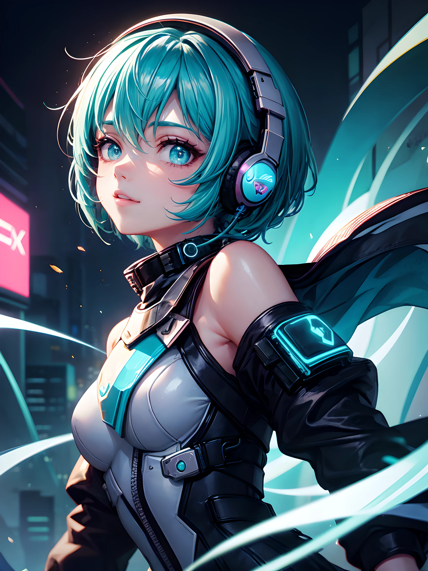 1Mädchen in, android, Cyberpunk, Cyan-farbenes Haar, Cyanfarbene Augen, Kurzes Haar, Weißer Brustpanzer, Schwarze Kopfhörer, Mechanischer weißer Body, nackten Schultern, glänzend, glänzendes Material,