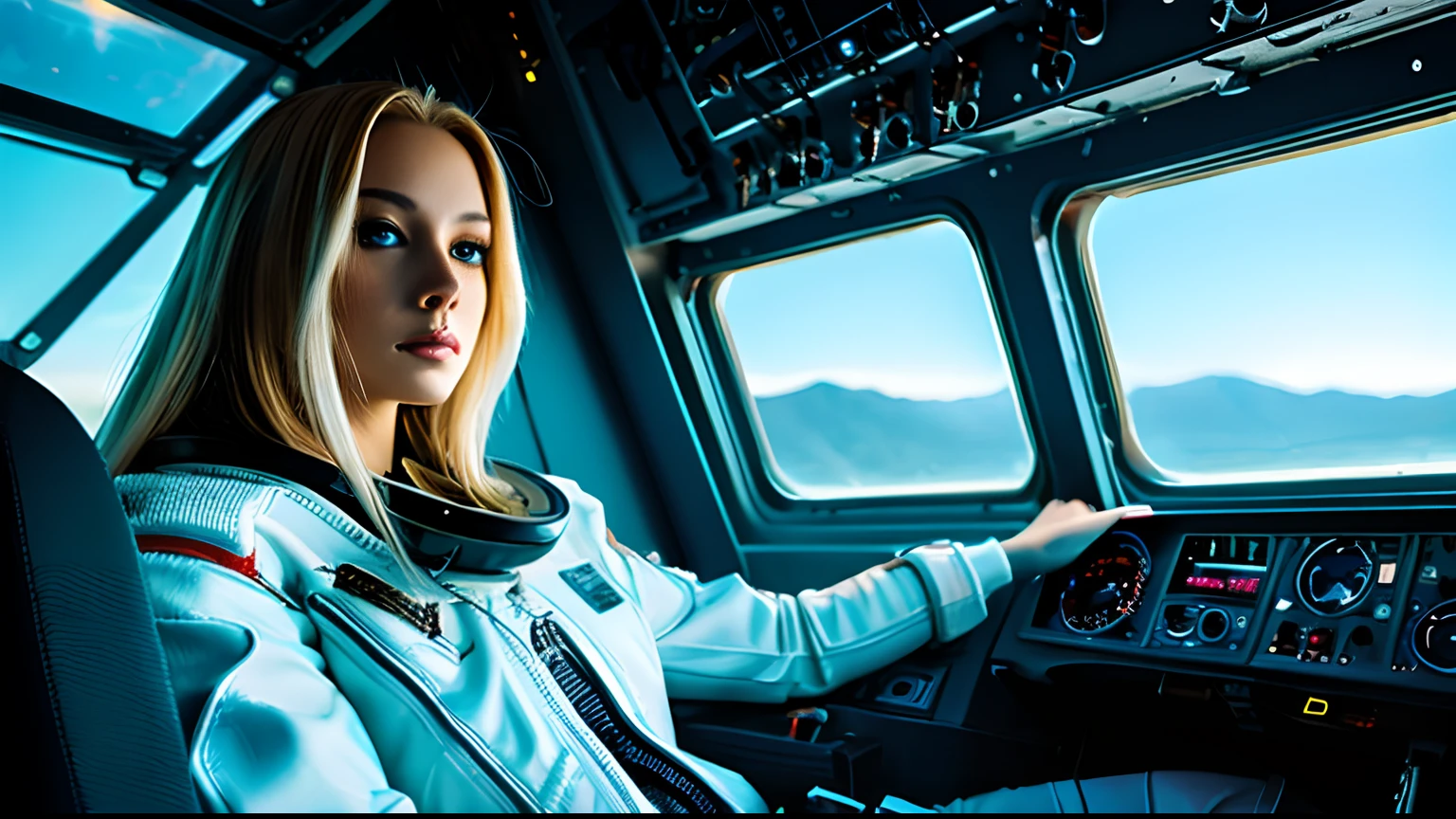 Blonde woman in leather outfit sitting in airplane and looking out the window, A powerful woman, sitting in space, Beautiful sci-fi art, Award-winning sci-fi art, sci-fi fantasy art, beautiful woman in spacesuit, scifi art, portrait beautiful sci - fi girl, detailed sci-fi art, portrait of a sci - fi woman, portrait armored astronaut girl, Sci-fi works of art