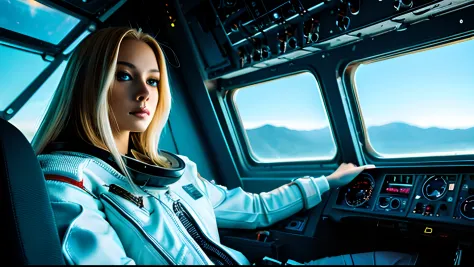 blonde woman in leather outfit sitting in airplane and looking out the window, a powerful woman, sitting in space, beautiful sci...