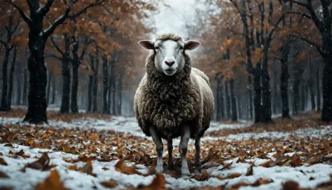 Sheep, First snow, Flakes, partial snow cover, Cinematic film still, breathtaking, falling leaves, melancholy mood, paper textur...