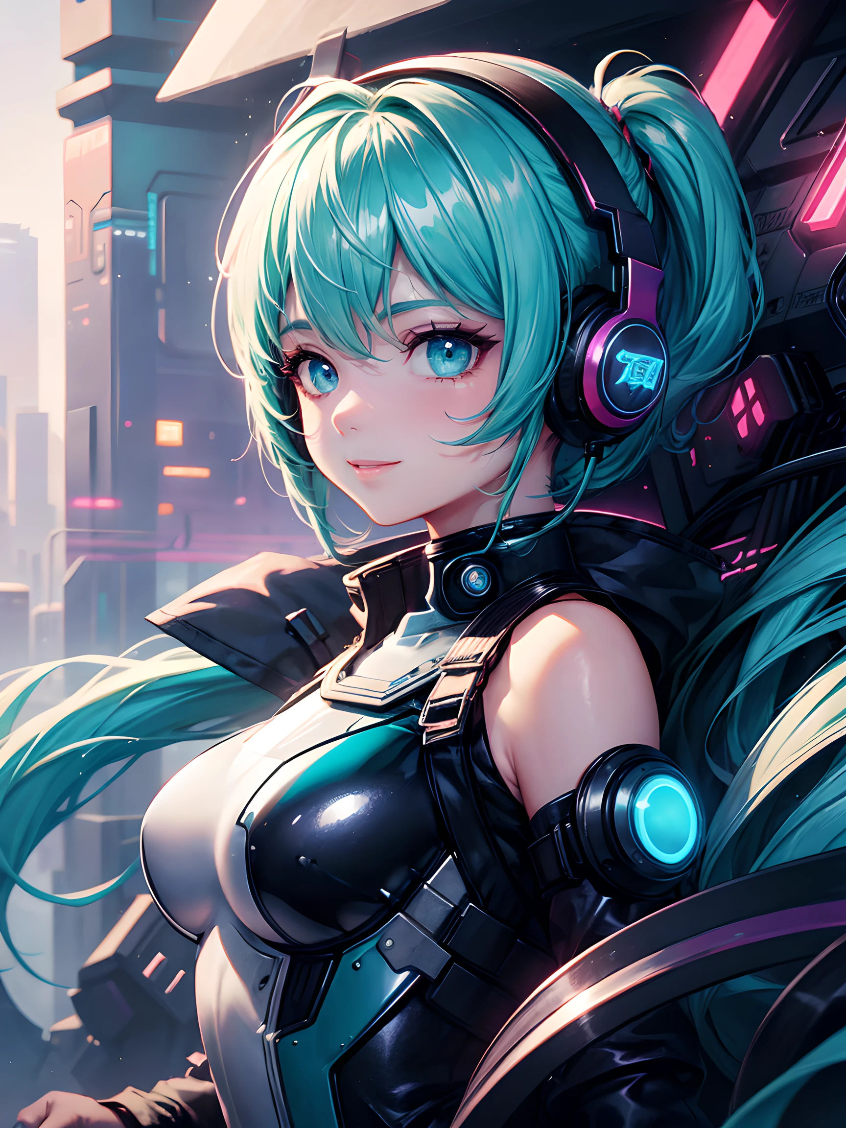 1girl in, android, Cyberpunk, Cyan hair, cyan eyes, Short hair, White breastplate, Black headphones, Mechanical White Bodysuit, Bare shoulders, Glossy, shiny material,