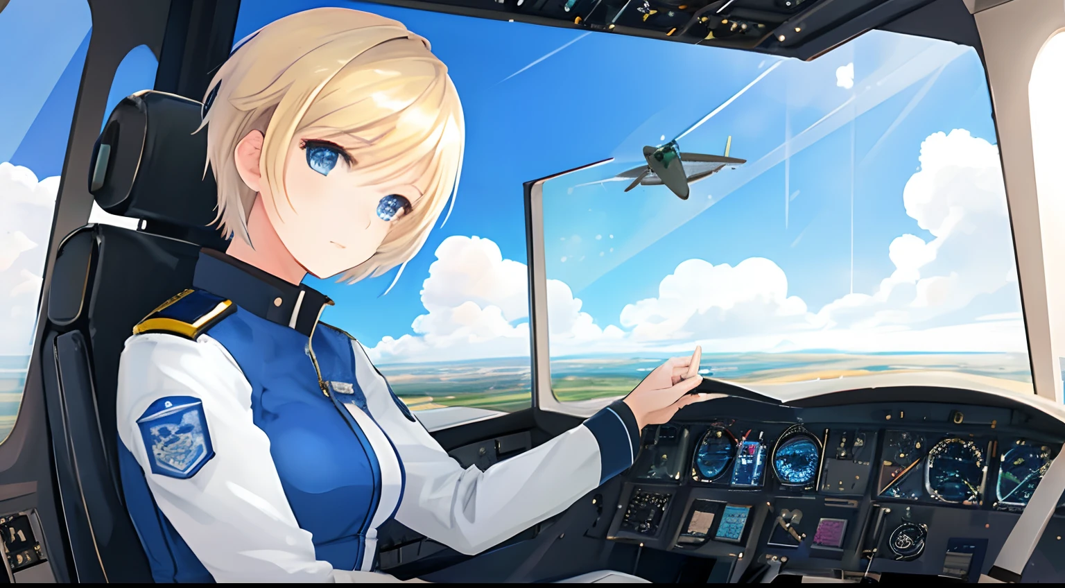 Anime girl in cockpit of airplane with airplane flying overhead - SeaArt AI