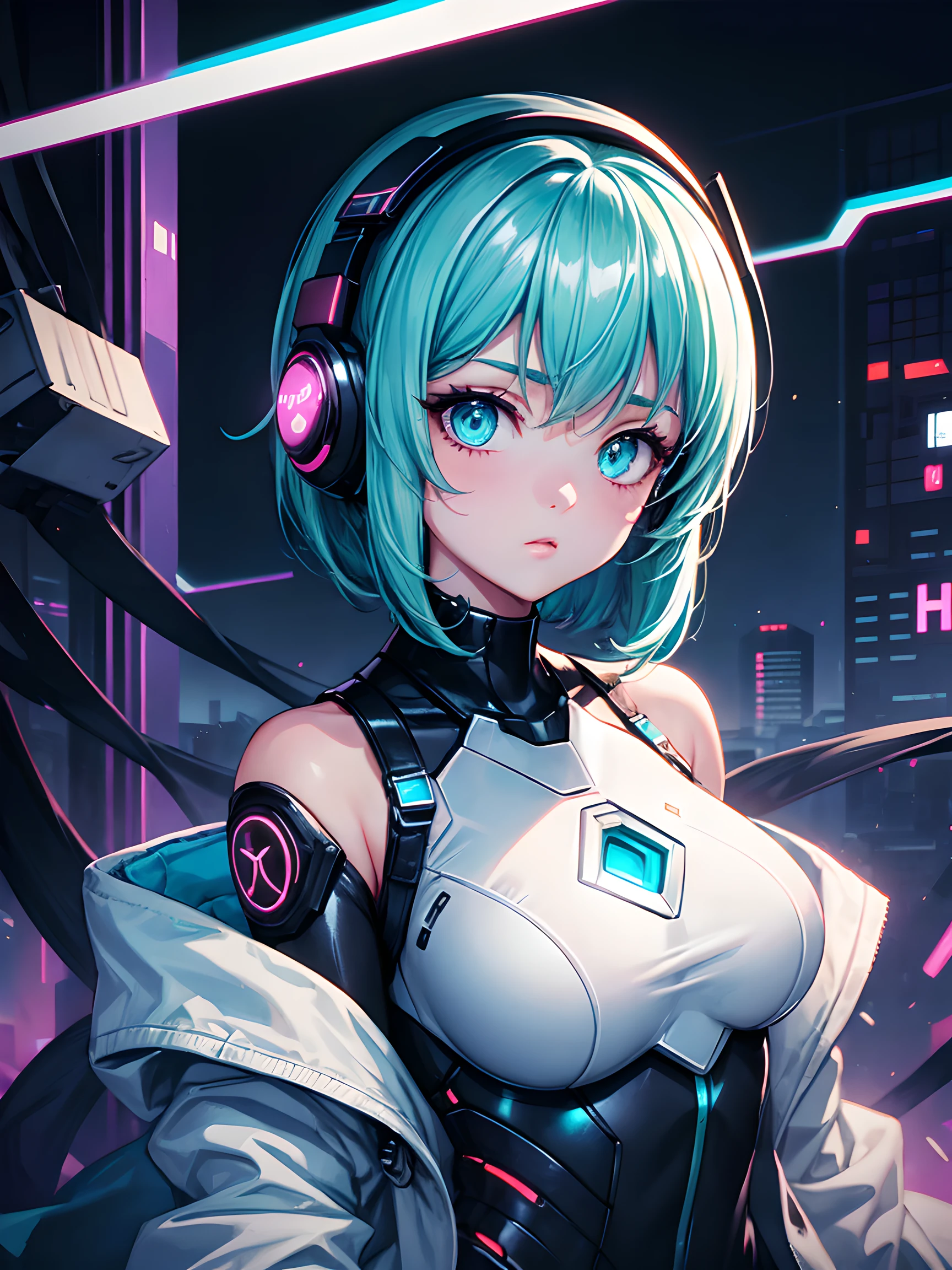 1 fille dans, Android, cyberpunk, Cheveux cyan, Yeux cyan, Cheveux courts, plastron blanc, casque noir, Body blanc mécanique, Épaules nues, brillant, matière brillante,