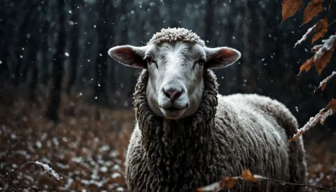 Jesus Christ
 behind a sheep, First snow, Flakes, partial snow cover, Cinematic film still, breathtaking, falling leaves, melanc...