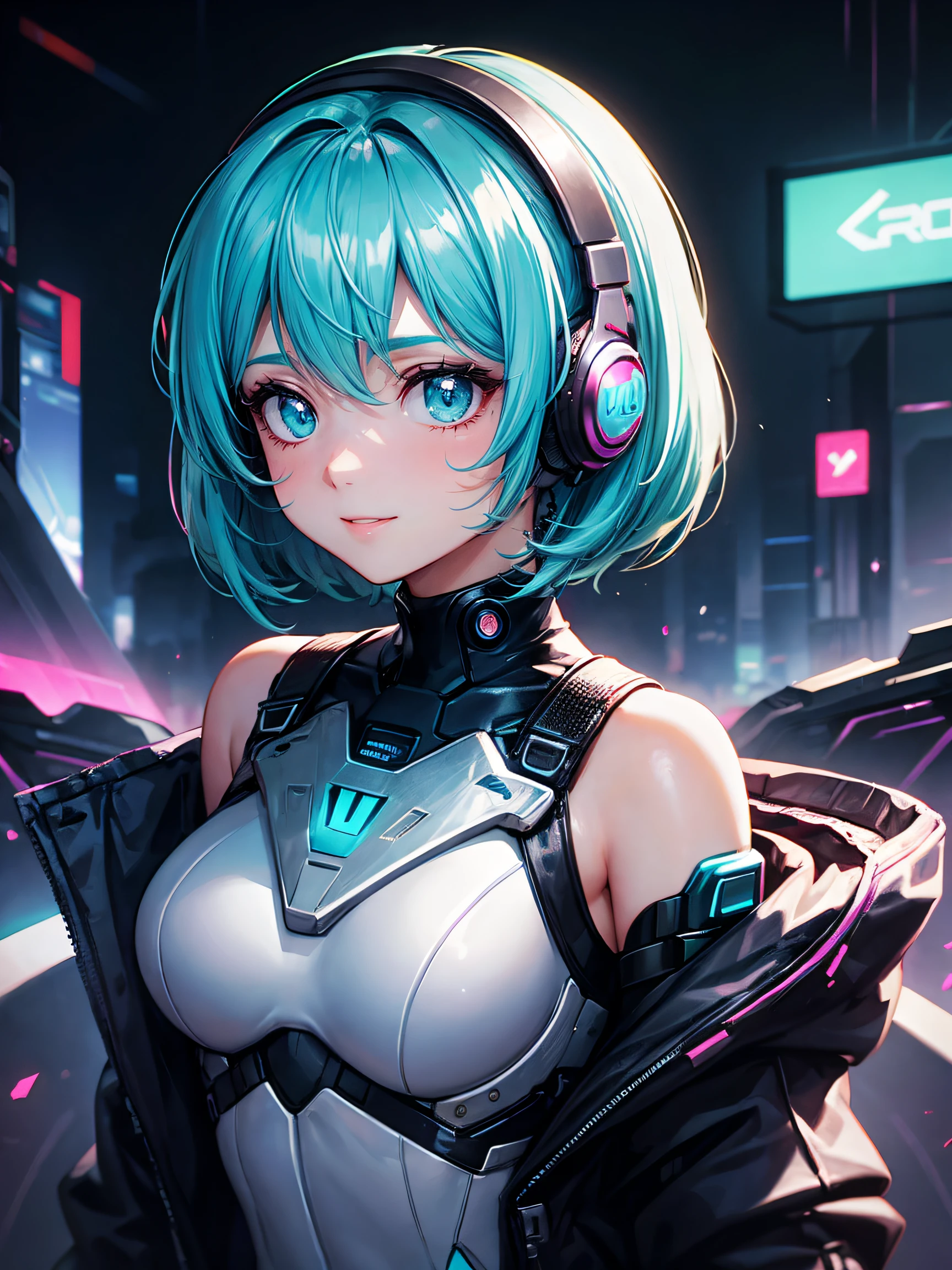 1girl in, android, Cyberpunk, Cyan hair, cyan eyes, Short hair, White breastplate, Black headphones, Mechanical White Bodysuit, Bare shoulders, Glossy, shiny material,