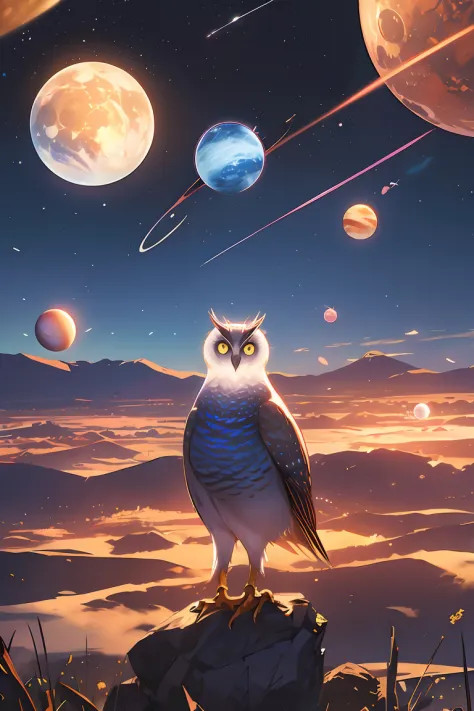 Prints of the Cosmic Owl, Set against the backdrop of planets and stars