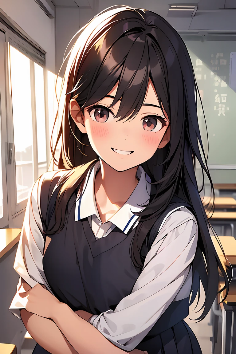 1boy,1girl,hug,smile,school_uniform,chinese school uniform,classroom,senior high school student,brown eyes,black hair,high-definition,