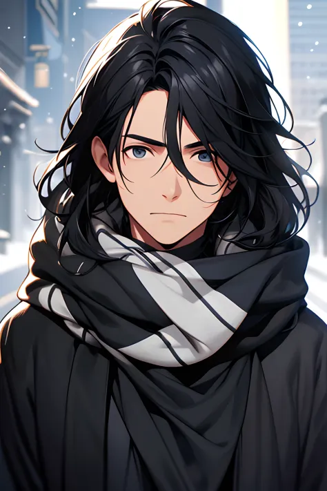 a man with a black hair and a black outfit and a black scarf and a black hoodie and a black and white background, (1girl:0.872), (black hair:0.758), (blurry:0.926), (blurry background:0.703), (brown eyes:0.562), (depth of field:0.625), (long hair:0.855), (...