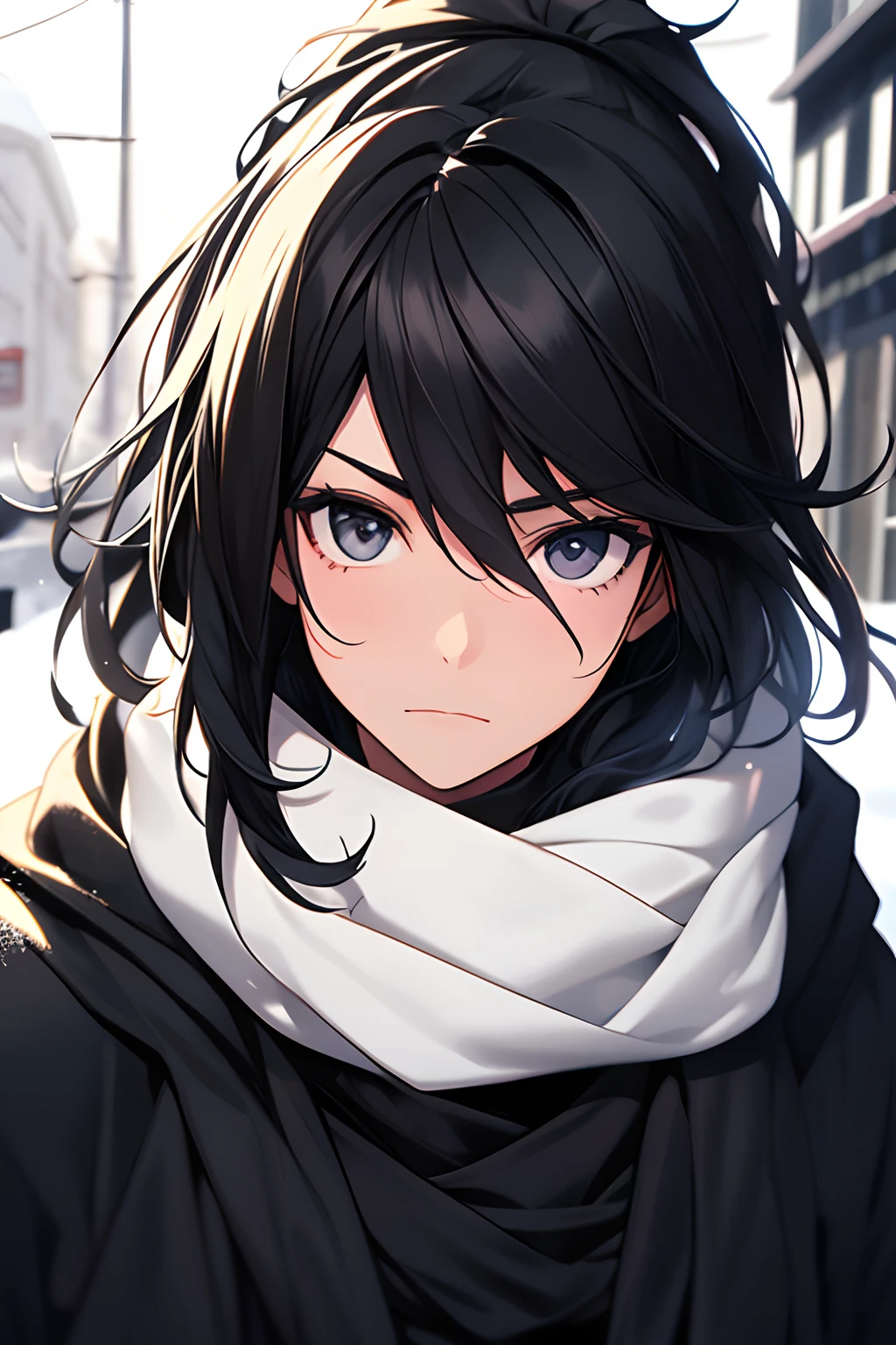 a man with a black hair and a black outfit and a black scarf and a black hoodie and a black and white background, (1girl:0.872), (black hair:0.758), (blurry:0.926), (blurry background:0.703), (brown eyes:0.562), (depth of field:0.625), (long hair:0.855), (outdoors:0.541), (scarf:0.989), (snow:0.925), (solo:0.886), (upper body:0.683)