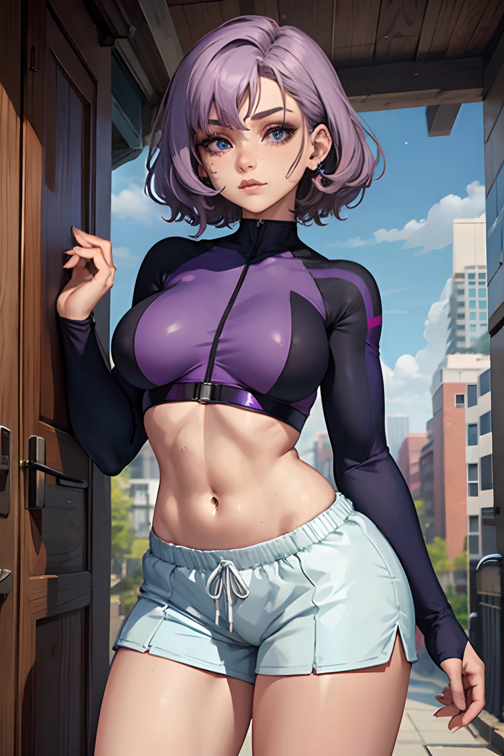 Chica, Pelo corto y rizado de color morado pastel., pecas, perforación del tabique, Medio , vistiendo un top corto de manga larga y pantalones cortos de spandex, ojos heterocromáticos azules y marrones