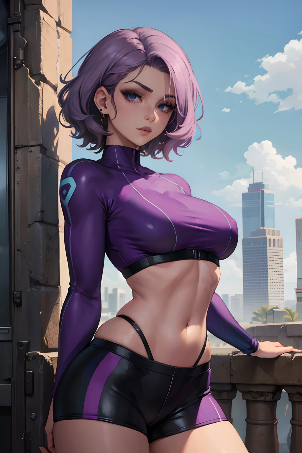 girl, Short curly pastel purple hair, freckles, septum piercing, medium , wearing a long sleeve crop top and spandex shorts, blue and brown heterochromatic eyes