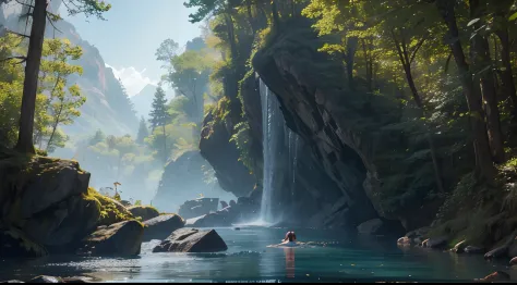 maozonia indigenous girl, 18 years, swimming in the river, in the middle of the forest, a jaguar watching from afar, sad, clockp...