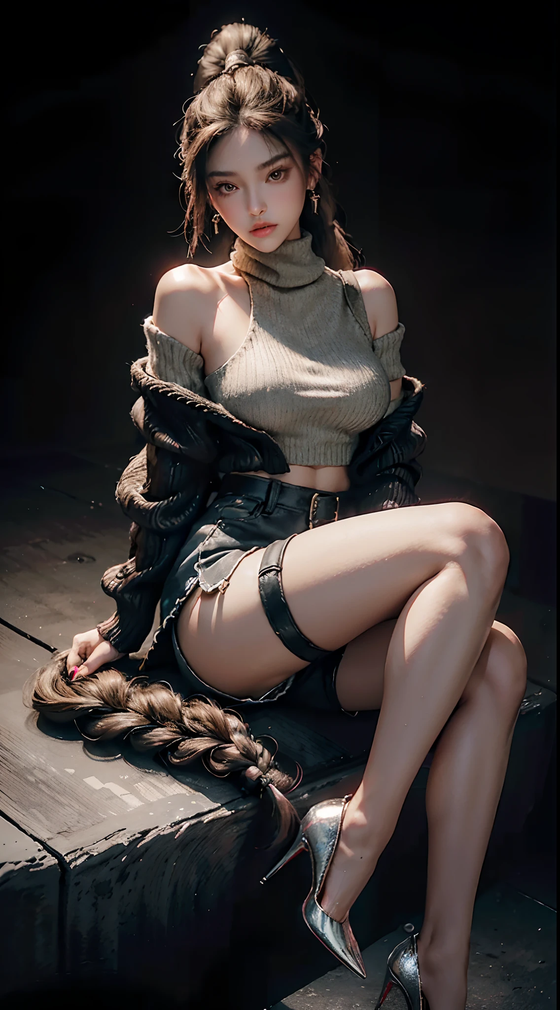 (wearing High-neck drop-shoulder oversized sweater, ultra short pants, bared legs, Stiletto heel studded pumps,:1.3), (Long Braided Ponytail hair:1.3), Extremely cute human eighteen year old girl, bare legs, very beautiful and feminine, short, , beautiful breast, small, busty buttocks, large bust, large breast, bare legs, bare legs, cleavage display, flat belly display, detailed eyes, detailed nose, super detailed on face, partial accessory with earring on the ear, very stylish, award-winning product design, tights, bare legs, Shiny breast top opens at the cleavage and abdomen, stylish, glowing trims, atmospheric perspective, 8k, super detail, Accurate, best quality,