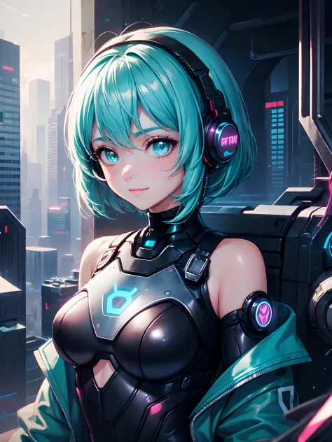 1girl in, android, Cyberpunk, Cyan hair, cyan eyes, Short hair, White breastplate, Black headphones, Mechanical White Bodysuit, ...