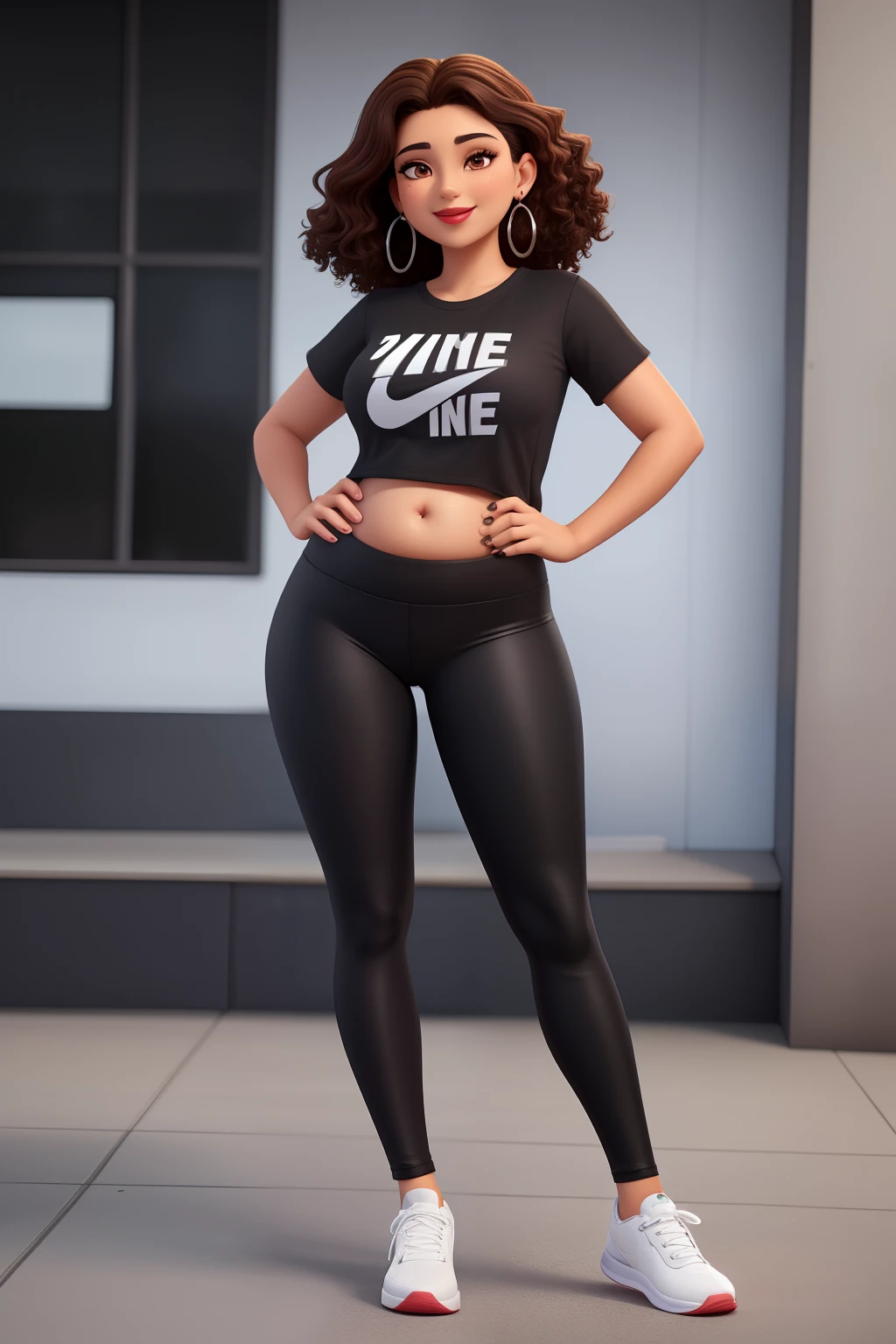 A woman in black leggings and a nike shirt poses for a photo - SeaArt AI