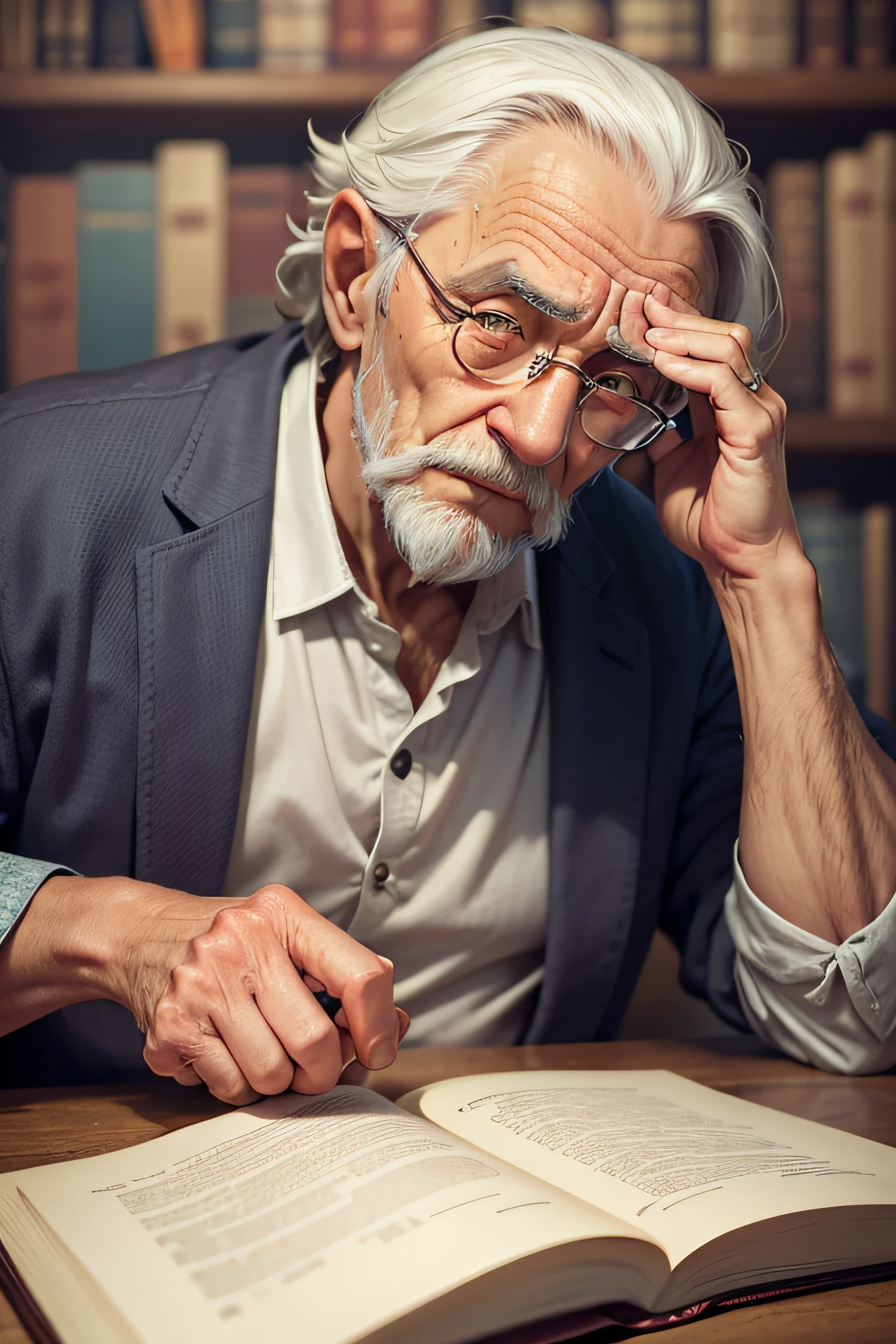 Create a wise old man with his hand on his head thinking, And a book in the other hand