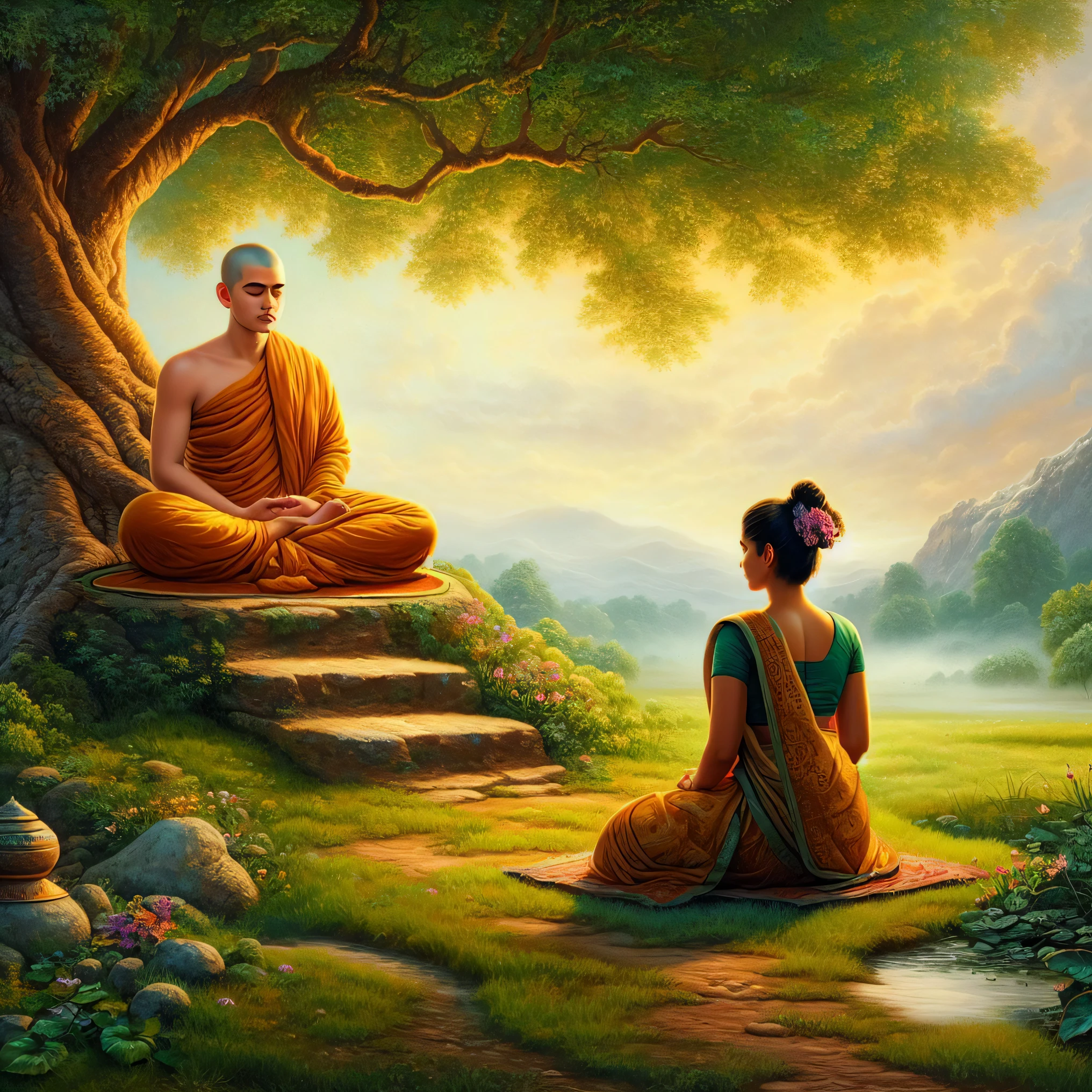 a painting of a monk sitting on a rock next to a woman, buddhism, buddhist, on path to enlightenment, hindu stages of meditation, on the path to enlightenment, meditation, monk meditate, meditating, spiritual enlightenment, beautiful depiction, by John La Gatta, love of wisdom, buddha, praying meditating, buddhist art, serene, enlightenment, the buddha