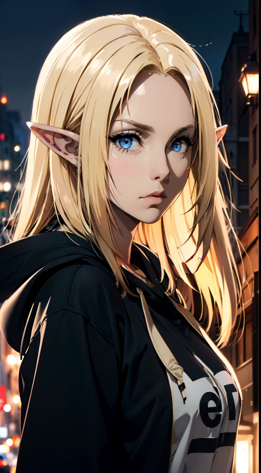 (masterpiece, best quality:1.4), 1girl, upper body, wearing Streetwear ((Hoodie)), blonde_hair, blue_eyes, serious face, closed_mouth, elf ears, looking_at_viewer, medium breast, full face blush, blurry background, depth of field, dinamic lighting, sharp focus, realistic proportions, good anatomy, Cityscape , outside, at night