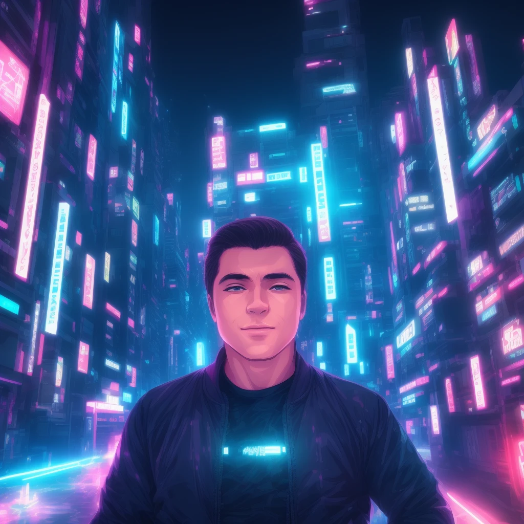 make face and body anime, change background a futuristic buildings in neon lights, very high quality, cinematic theme