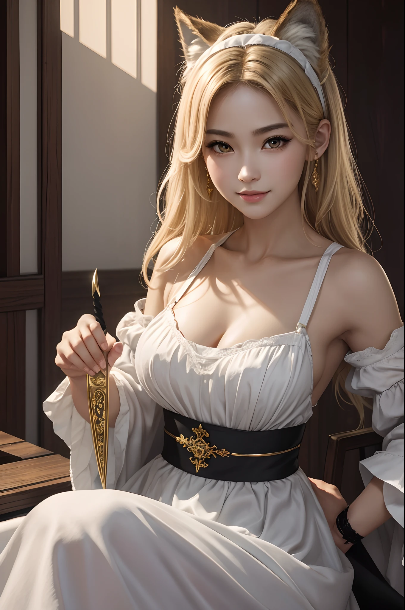 8K、Photorealistic RAW photos of the highest quality。1.4)1人、(Caucasian girl werewolf)Personification of a super beautiful small-breasted wolf(Lifelike face)Wolf personification、Blonde short bob、Maid Long Skirt、Black and white maid costume、Golden Decorations, Beautiful Expressions, Ultra High Resolution Smiles, Precise Details, Realistic Skin、enchanted、red claw、Beautiful wolf eyes、Holding a dagger、wolf ear、